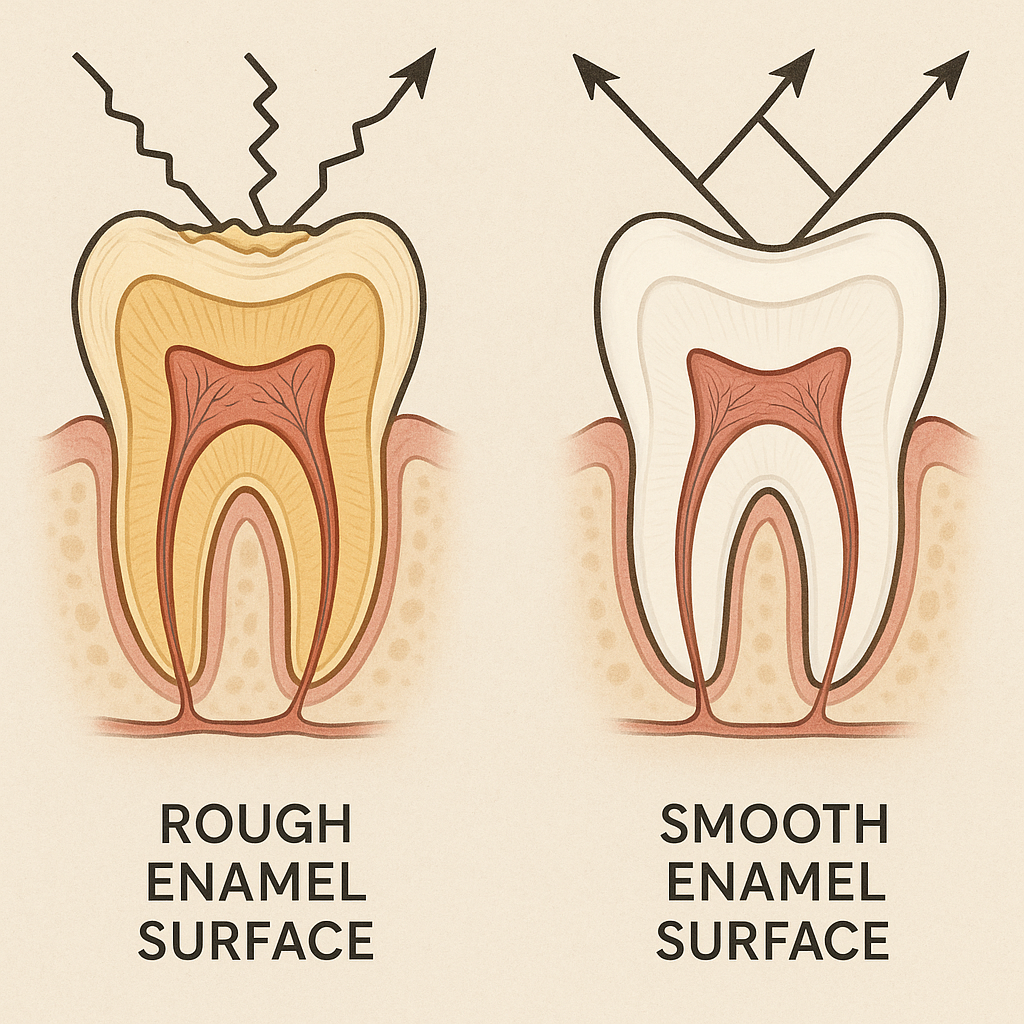 Educational diagram showing rough vs smooth enamel surface with light reflection